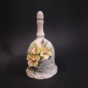 Beautiful Vintage Yellow Rose Applied Floral Lusterware Dinner Bell wOpal Glaze